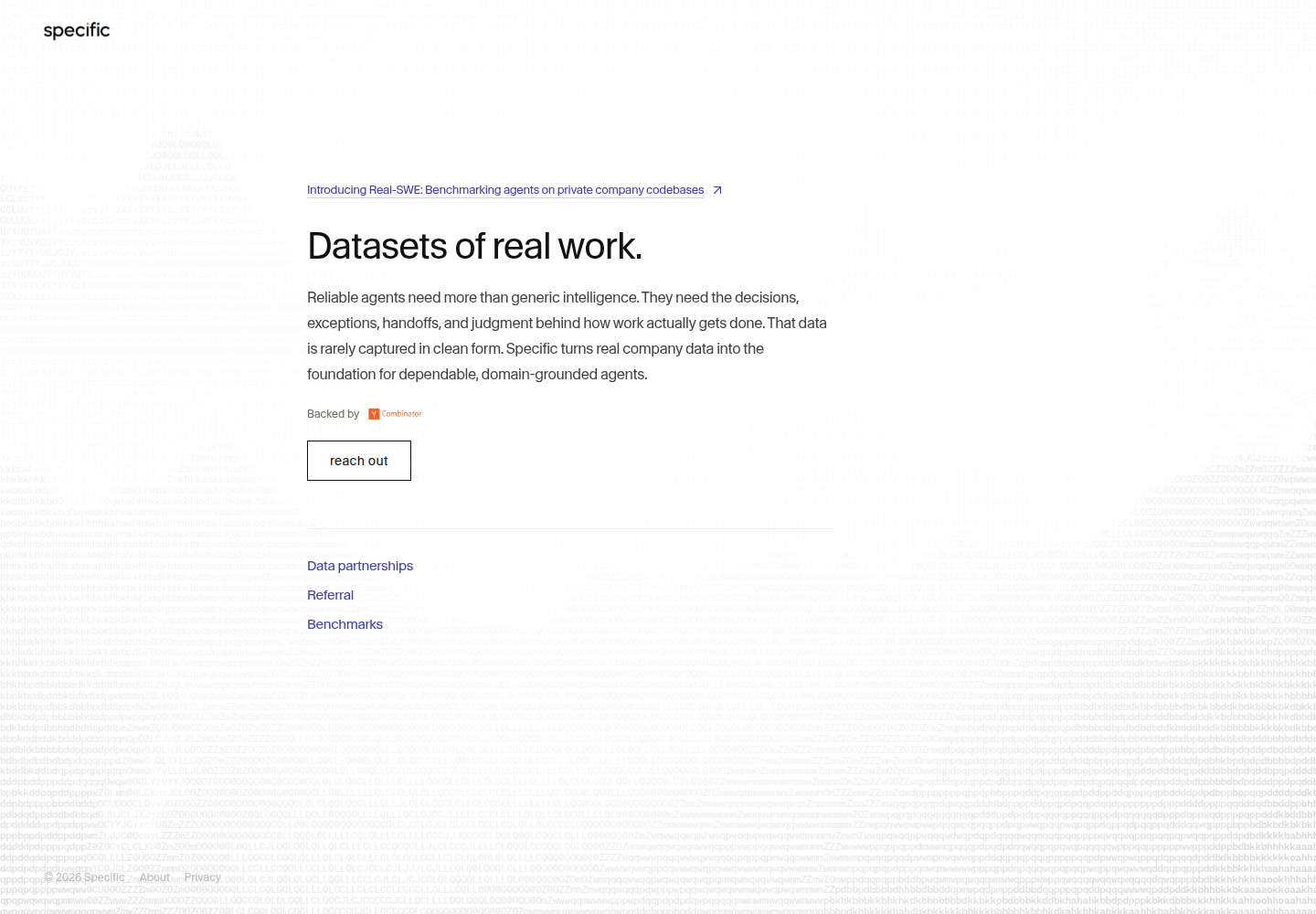 Captured Specific homepage with a left-aligned title, outline action, and faint ASCII landscape